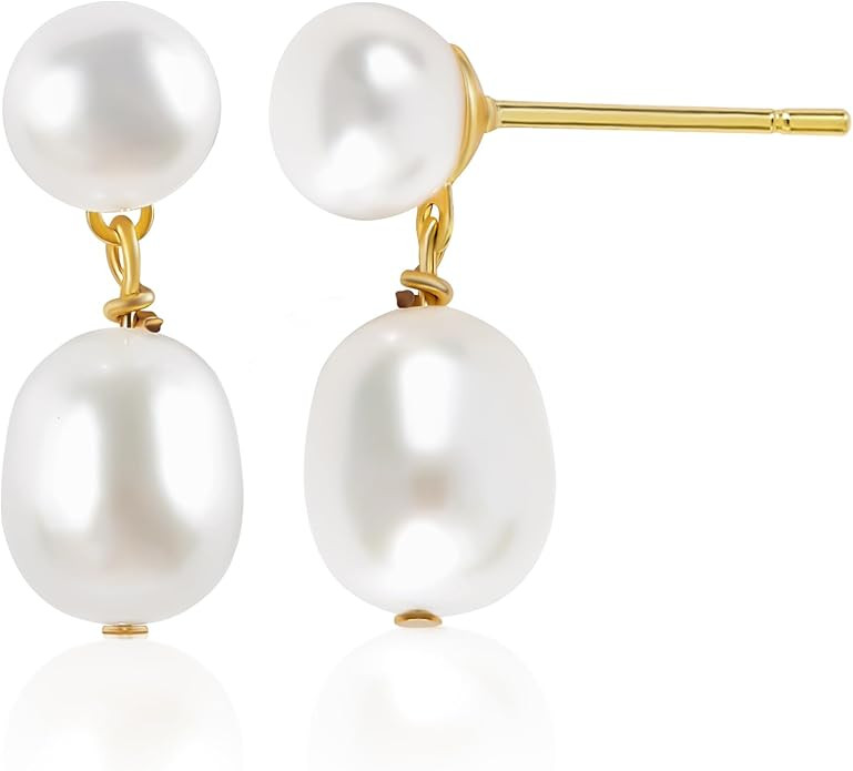 Pink, White Double Pearl & Leaf Drop Earrings for Women - 18K Gold Plated Real Freshwater Culture... | Amazon (US)