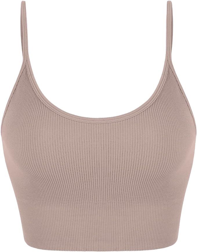 ODODOS 3-Pack Seamless Sports Bra for Women Ribbed Camisoles Wireless Yoga Bra Crop Tank Tops | Amazon (US)