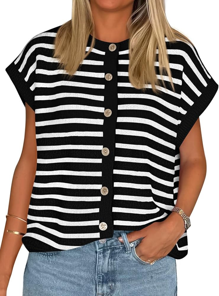Cicy Bell Womens Striped Cap Sleeve Sweater Vest Crew Neck Button Down Cardigan Cute Knit Tops | Amazon (US)