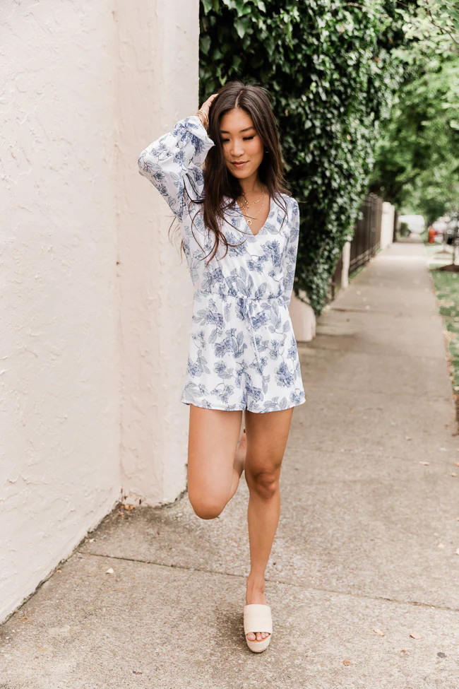Garden Bouquet Blue/White Floral Print Romper | The Pink Lily Boutique