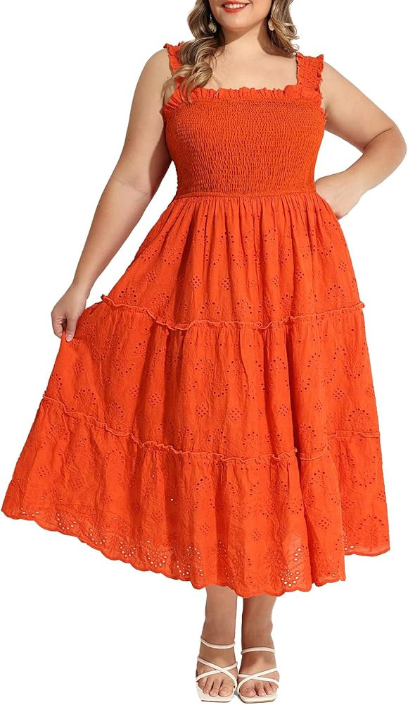 RITERA Plus Size Dresses Square Neck Sleeveless Smocked Sundress with Pockets A-line Ruffle Hem E... | Amazon (US)