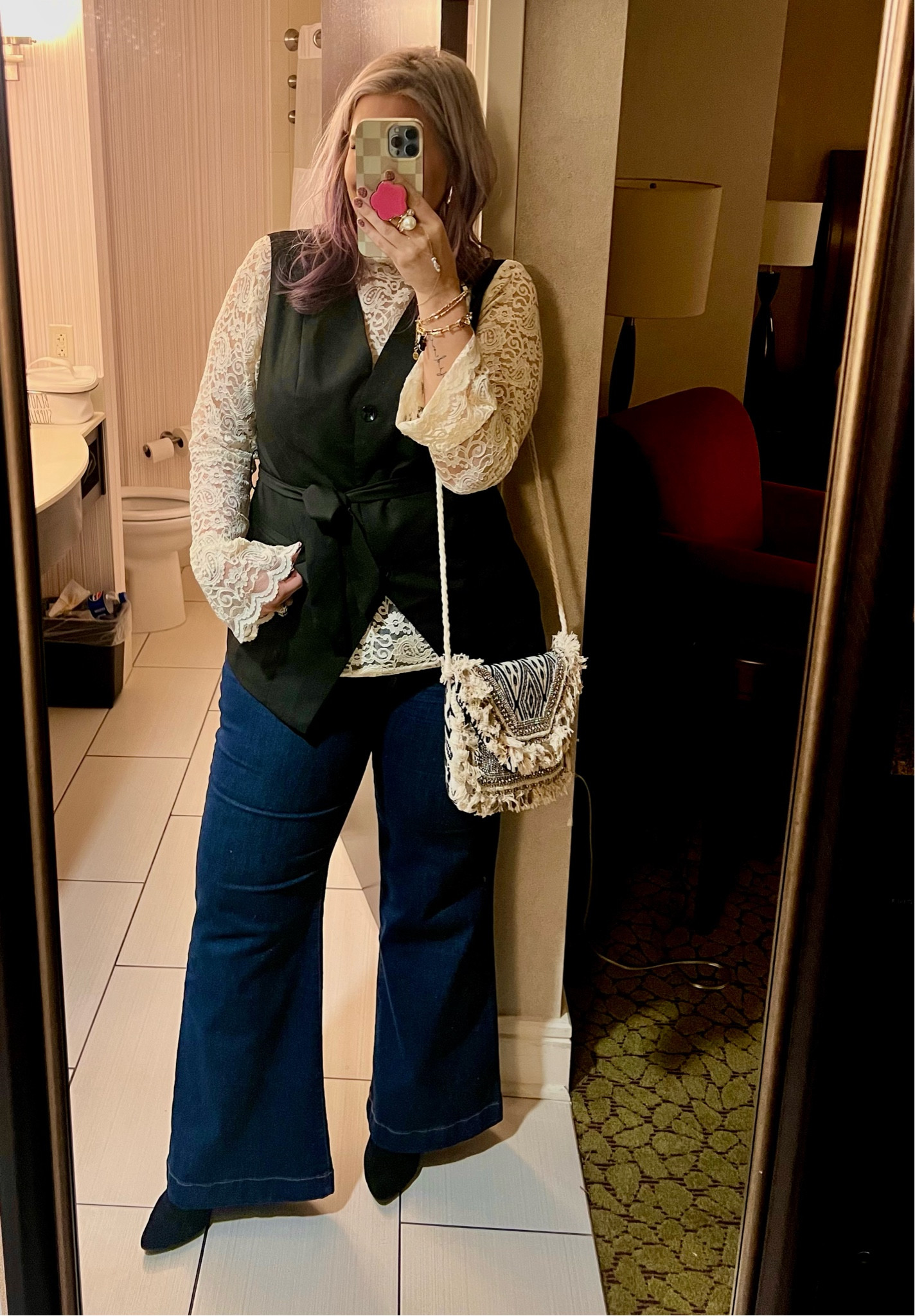 ✨SIZING•PRODUCT INFO✨
⏺ Black Vest // Amazon v-neck vest with black buttons & waist tie // XL, TTS @amazonfashion 
⏺ Lace Turtleneck // Ivory boho lace blouse with flared sleeves // XL - TTS @temu
⏺ Workwear denim // flare jeans in very dark denim 
⏺ Black Booties // Faux Suede almond toe black ankle booties with chunky heel •• mine no longer available from @walmartfashion but linked similar option(s) from @amazonfashion 
⏺ Boho Bag // Crossbody shoulder bag with coins and a boho flare // linked similar from @amazonfashion 

#amazon #amazonfashion amazon finds, amazon find, amazon style, amazon fashion, amazon clothing, amazon outfit, found it on amazon, amazon fashion finds, amazon summer, amazon spring, amazon fall, amazon winter, amazon outfit inspo, amazon outfit inspiration, amazon curves, amazon curvy, curvy amazon, midsize amazon, amazon midsize, amazon ootd, amazon shopping, new on amazon #boho #bohemian #outfit #ideas #ootd  boho, boho outfit, boho outfit ideas, boho flare, boho look, boho fashion, boho clothing, boho style, boho outfit inspo, boho inspo, boho inspiration, boho outfit inspiration, boho chic, boho style look, boho style outfit, bohemian, whimsical outfit, whimsical look, boho fashion ideas, boho dress, boho clothing, boho clothing ideas, boho fashion and style, hippie style, hippie fashion, hippie look, fringe, pom pom, pom poms, tassels, california, california style, summer boho, edgy boho 
#under10 #under20 #under30 #under40 #under50 #under60 #under75 #under100
#affordable #budget #inexpensive #size14 #size16 #size12 #medium #large #extralarge #xl #curvy #midsize #pear #pearshape #pearshaped
budget fashion, affordable fashion, budget style, affordable style, curvy style, curvy fashion, midsize style, midsize fashion


#LTKMidsize #LTKFindsUnder50 #LTKStyleTip