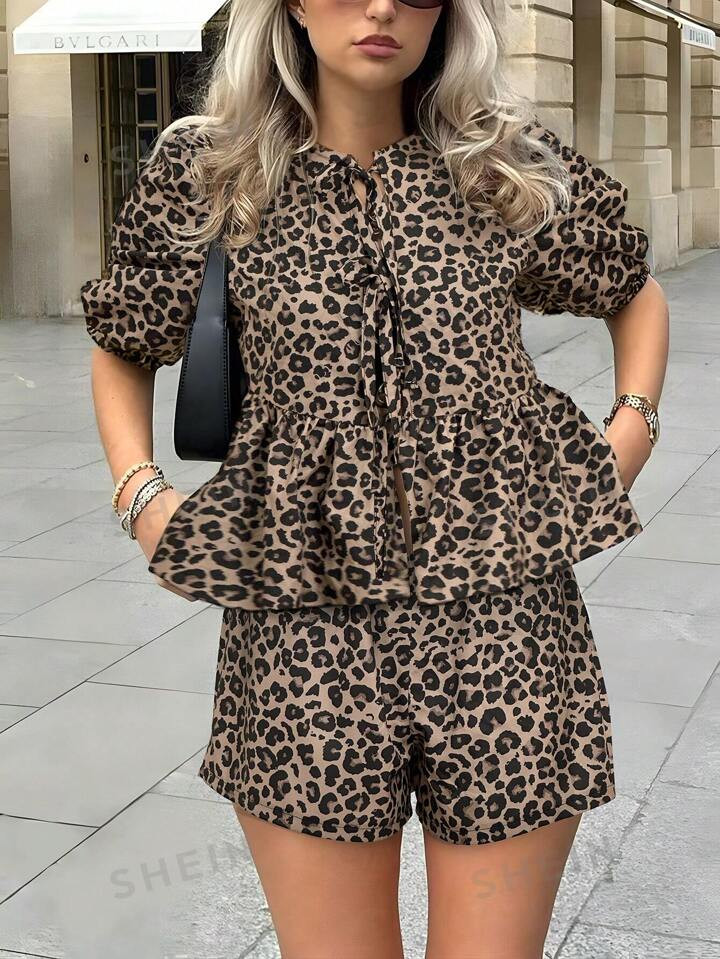 SHEIN LUNE Leopard Print Tie Front Blouse & Shorts | SHEIN