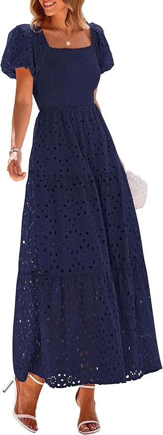 PRETTYGARDEN Summer Dresses for Women 2025 Eyelet Square Neck Puff Sleeve Smocked Wedding Guest M... | Amazon (US)