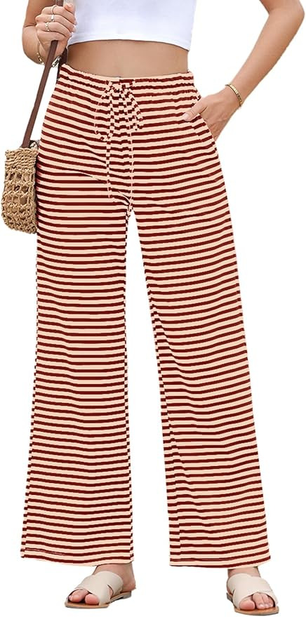 EVALESS Wide Leg Pants for Women Drawstring Elastic Waist Stripe Ribbed Sweatpants with Pockets | Amazon (US)