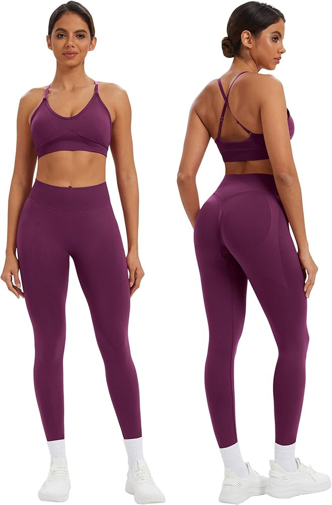 ABOCIW Womens 2 Piece Seamless Workout Sets Strappy Sports Bra High Waist Tummy Control Leggings | Amazon (US)