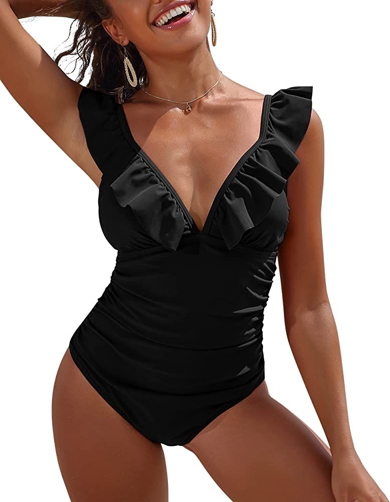 SOCIALA Ruffle One Piece Swimsuits for Women V Neck Ruched Tummy Control Bathing Suits High Cut M... | Amazon (US)