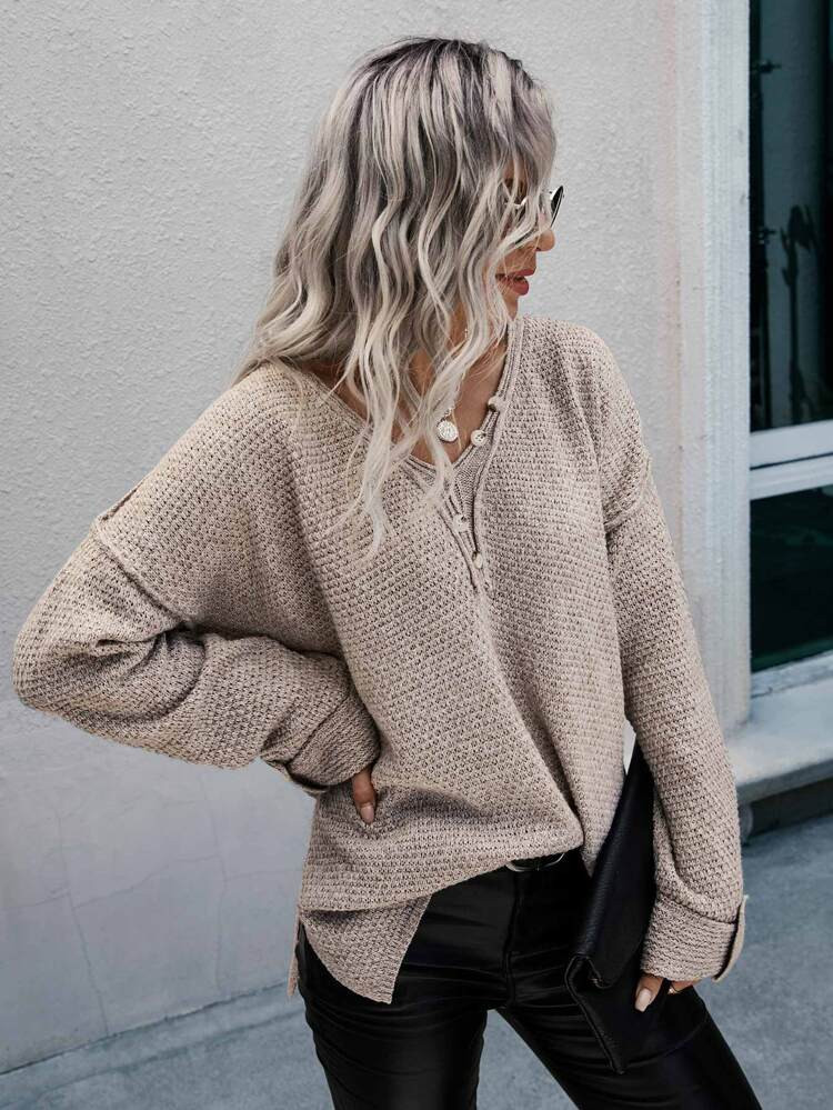 Solid Drop Shoulder Button Front Sweater | SHEIN