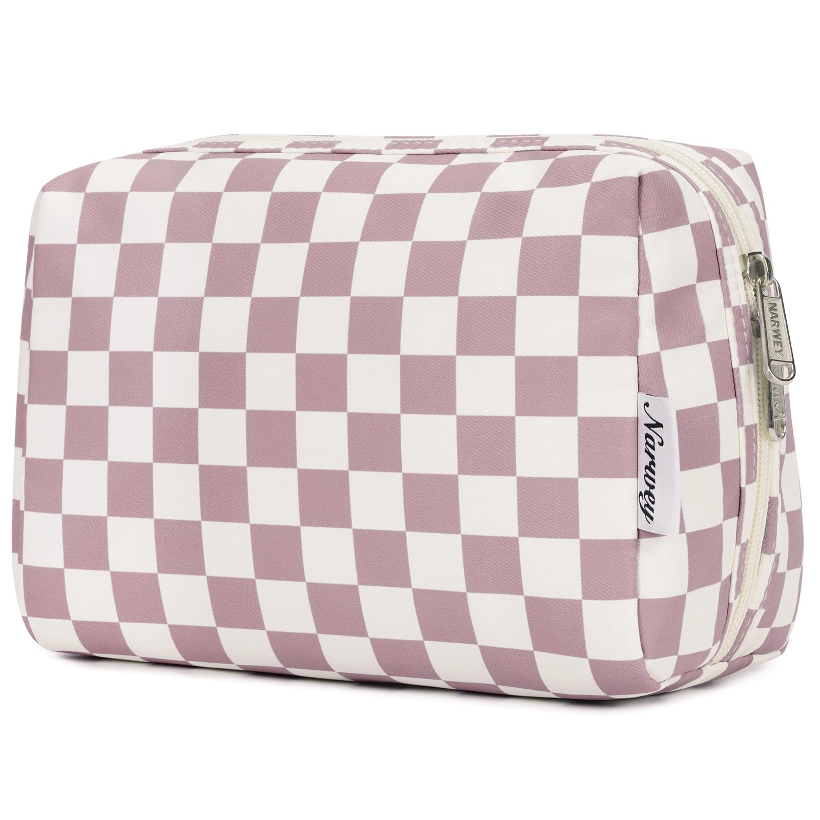 Narwey Checkered Makeup Bag Pink Travel Cosmetic Bag Organizer Toiletry Bag Make Up Bags with Com... | Amazon (US)