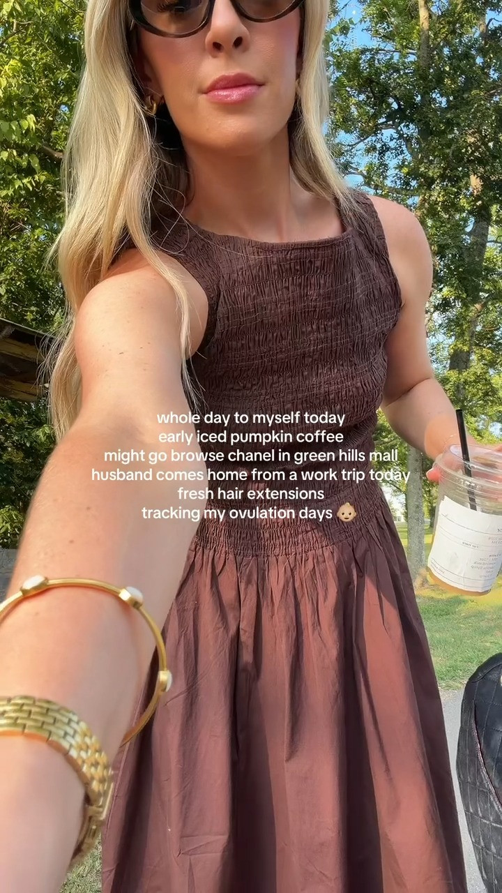 Chocolate brown is perfect for fall 🤎 This smocked midi dress is such an easy fall outfit with woven flats, gold jewelry and a classic Chanel bag. Perfect for a fall date night, brunch, dinner or any time you want to look put together without overthinking it 

 #LTKdayinmylife #LTKootd #LTKSeasonal