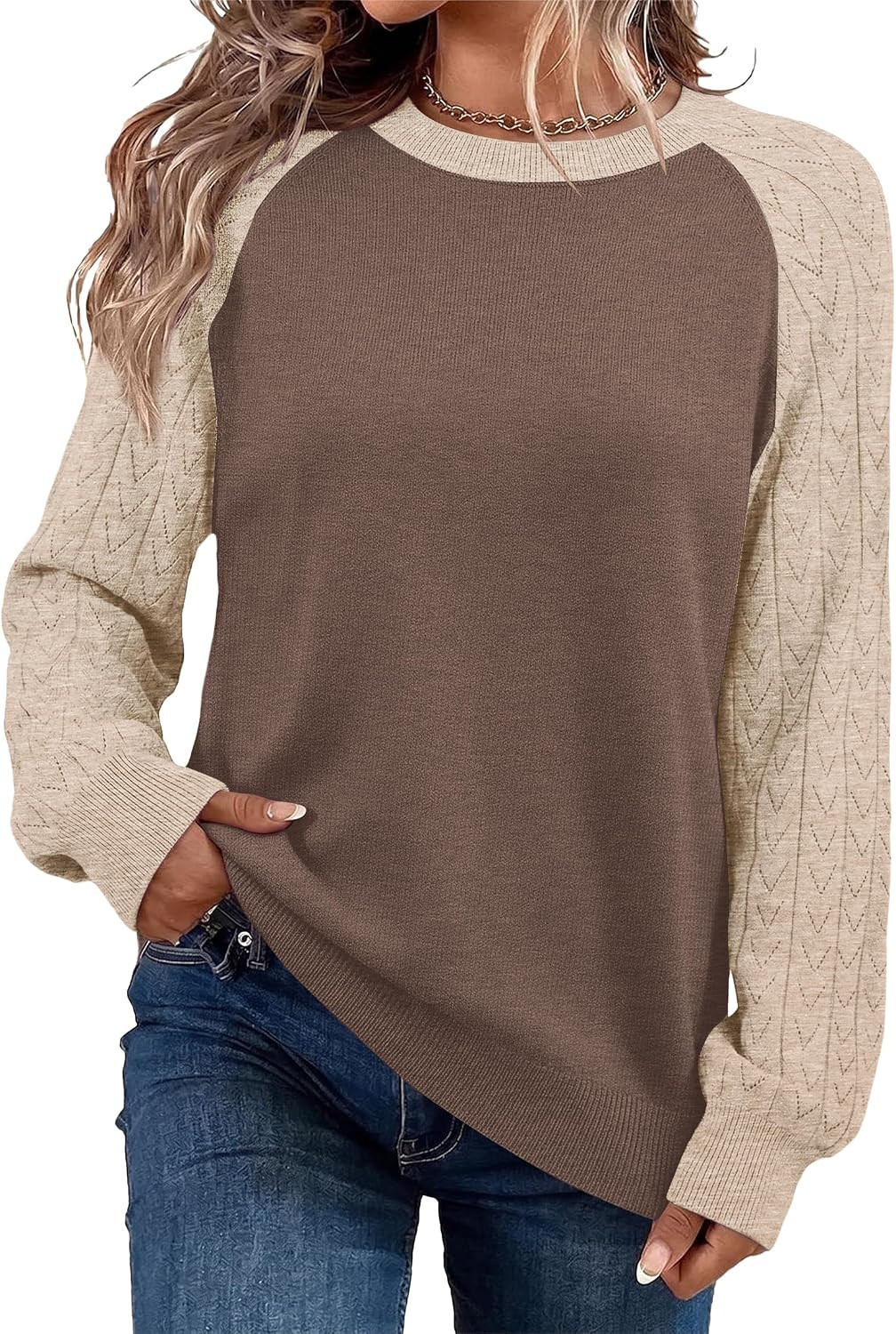 WIHOLL Sweaters for Women Lightweight Knit Hollow Out Sleeve Crew Neck Pullover Tops 2026 Fall Winter | Amazon (US)