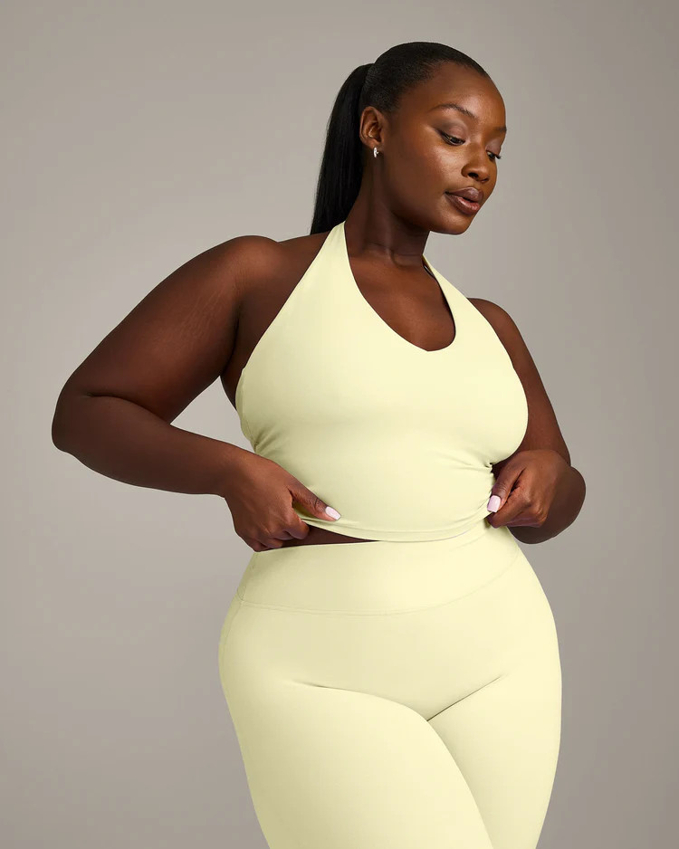 SoftMotion™ Halter Neck Mid Vest with Built in Bra Shelf with Gray Logo 
 Pastel Yellow | Oner Active (UK / US)