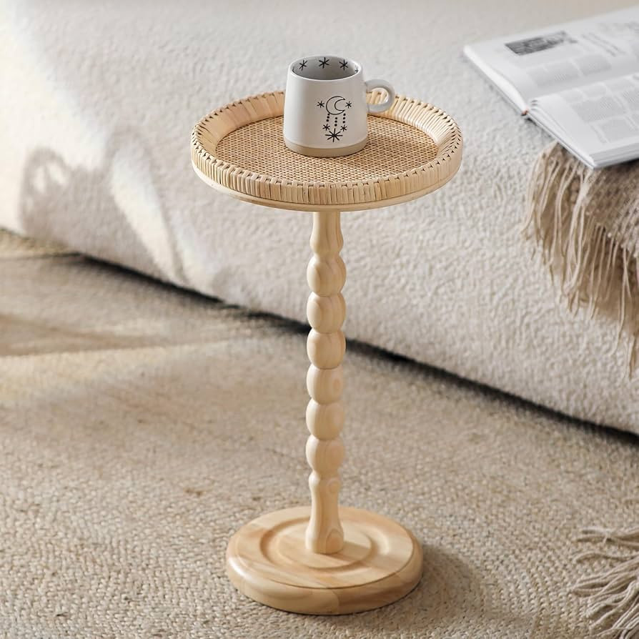 Rattan Small Side Table, Round Drink Table for Small Spaces, Boho Accent End Table with Solid Woo... | Amazon (US)