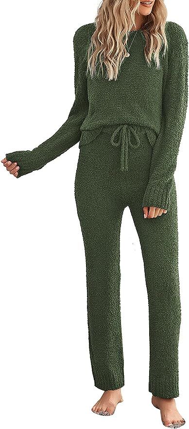 luvamia Women's Casual Pajama Set Fuzzy Fleece Knitted Long Sleeve Pj Loungewear | Amazon (US)