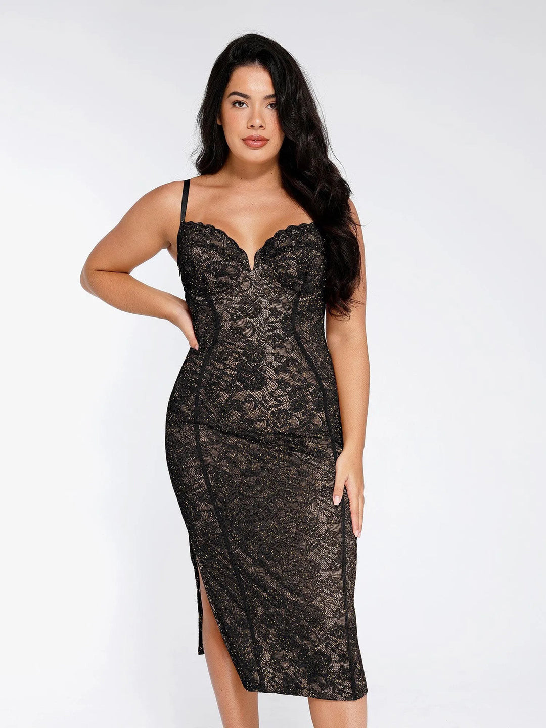 Shapewear All-Lace Hourglass Corset Side Slit Midi Dress | Popilush