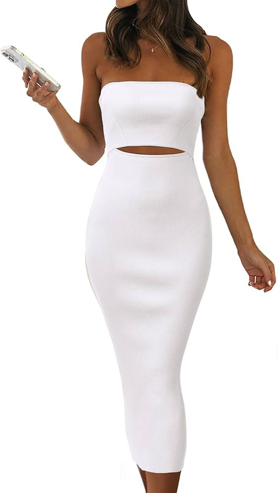 PRETTYGARDEN Women's Summer Midi Bodycon Dress Strapless Cut Out Knit Tube Long Fitted Dresses | Amazon (US)