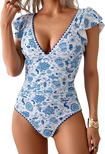 Women's One Piece Ruffle Swimsuit Tummy Control Bathing Suit V Neck Shell Stitched Swim Suit Slim... | Amazon (US)