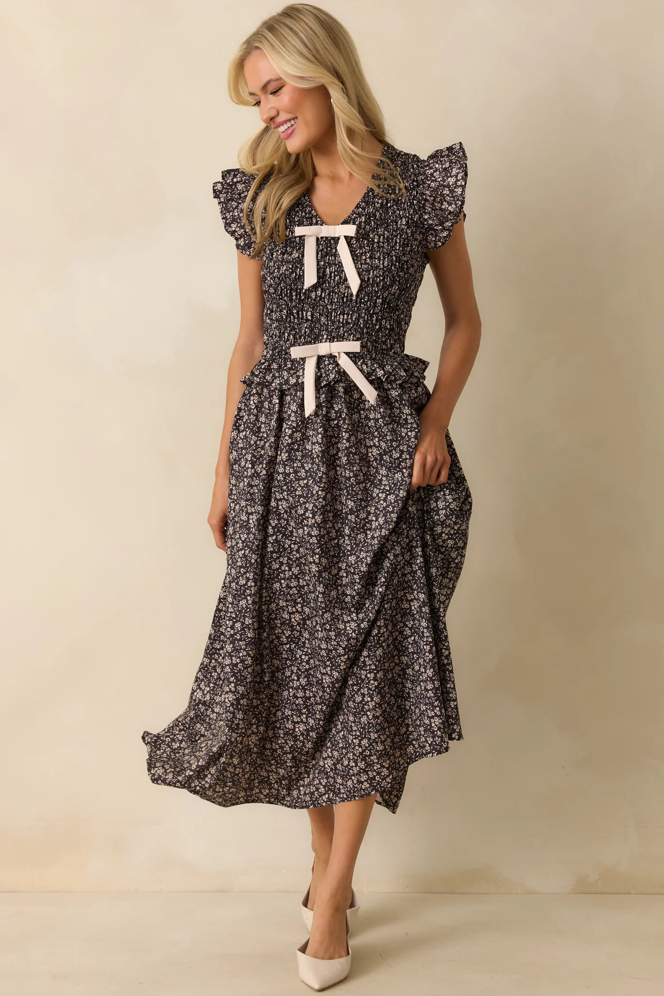 All Signs Point Here Black Floral Print Flutter Sleeve Maxi Dress | Red Dress