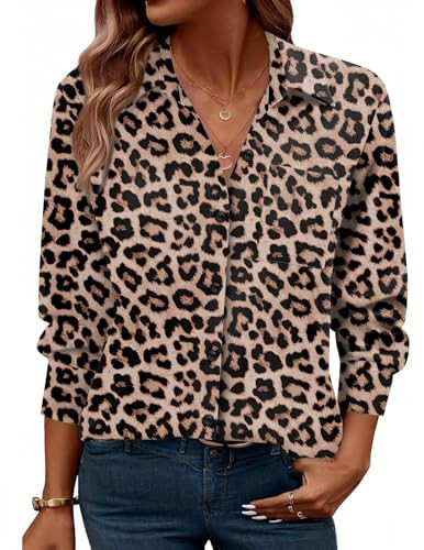 Zeagoo Womens Leopard Print Button Down Shirts Long Sleeve Collared Blouse Office Work Tops Casual | Amazon (US)