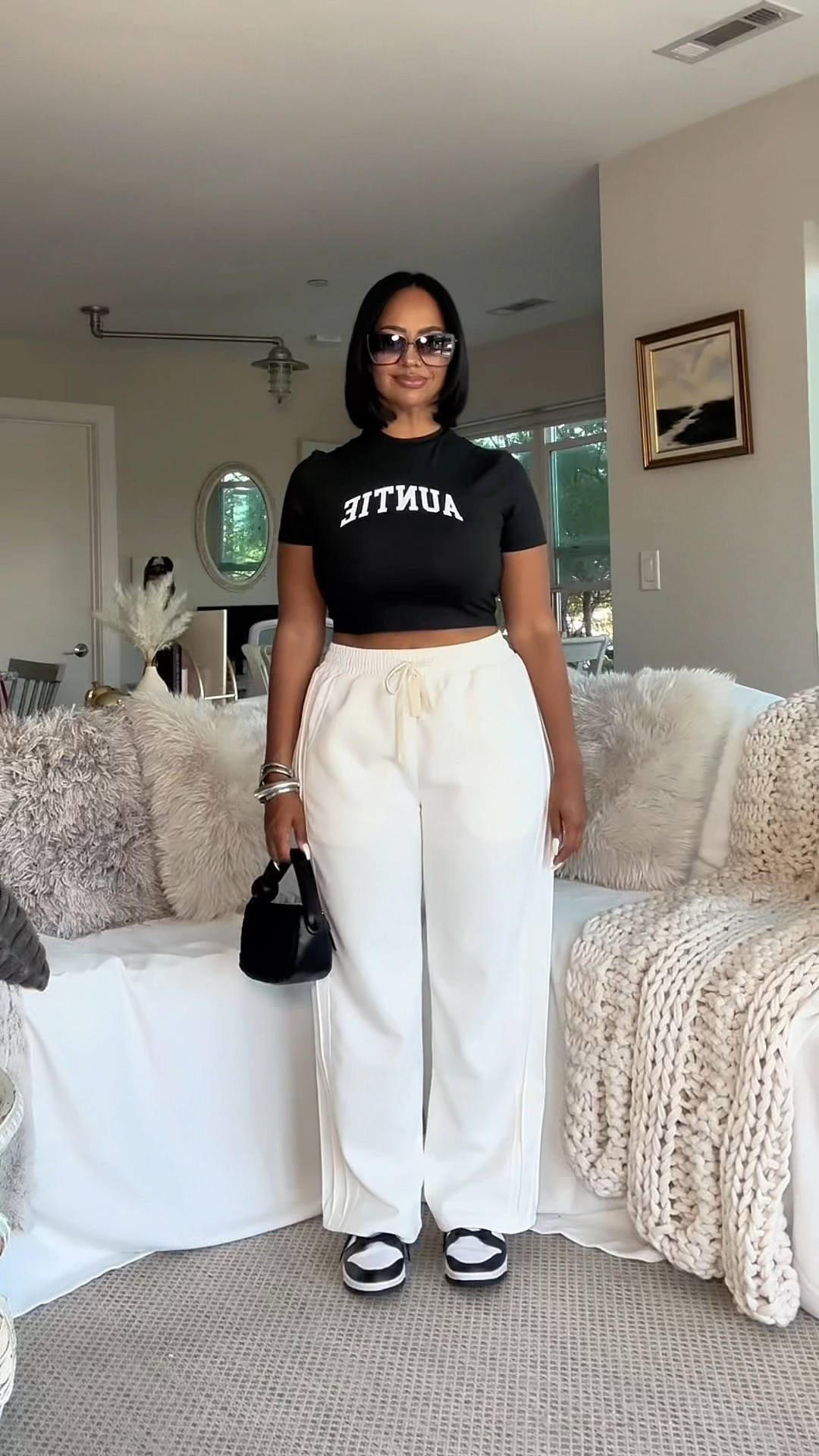 SUPER CASUAL OUTFITS 😎 These are men’s sweatpants but yolo lol Exact Auntie crop top is linked in my TikTok Shop highlight on my IG profile @heyrissyrozay 

mini bag, sunglasses, early fall outfit, weekend outfit, errands outfit, auntie, over 40, millennial, petite, petite curvy, curvy, size 8, midsize

#LTKFindsUnder50 #LTKShoeCrush #LTKStyleTip