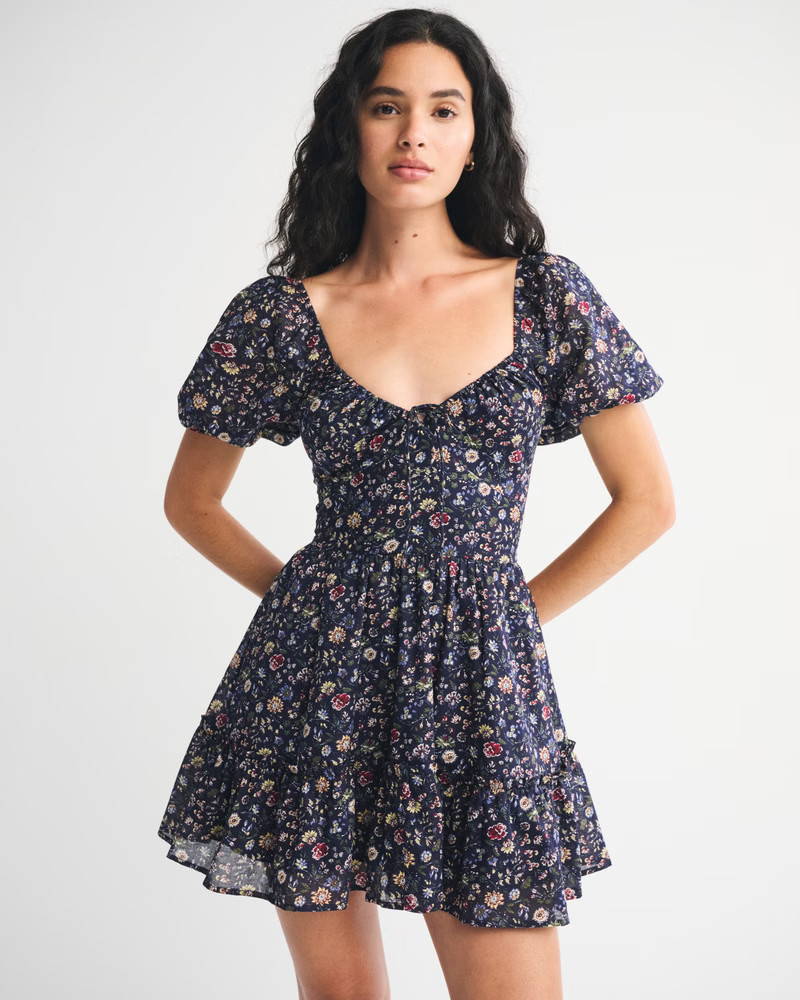Women's Puff Sleeve Tie-Front Mini Dress | Women's Clearance | Abercrombie.com | Abercrombie & Fitch (US)