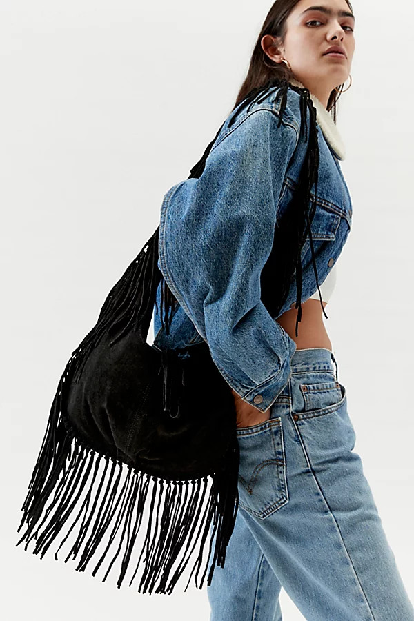 Silence + Noise Suede Fringe Hobo Sling Bag in Black, Women's at Urban Outfitters | Urban Outfitters (US and RoW)