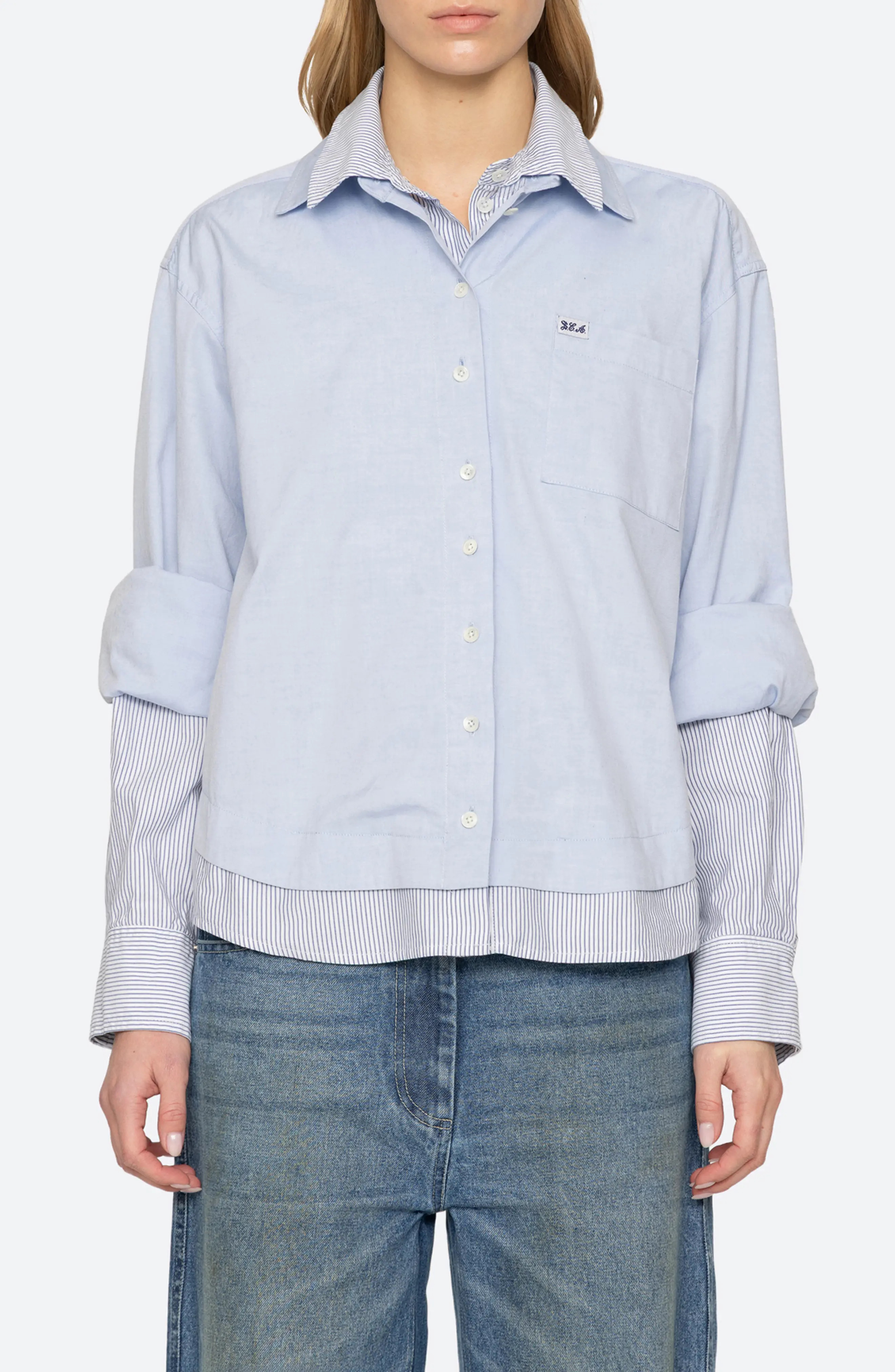 Sea NY Zayna Double-Layer Cotton Shirt in Blue at Nordstrom, Size Medium | Nordstrom