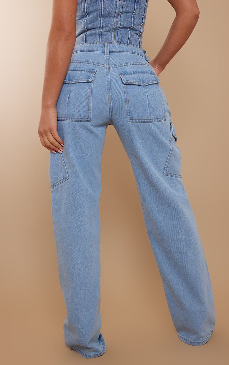 Light Blue Wash Slim Fit Cargo Pocket Boyfriend Jeans | PrettyLittleThing US
