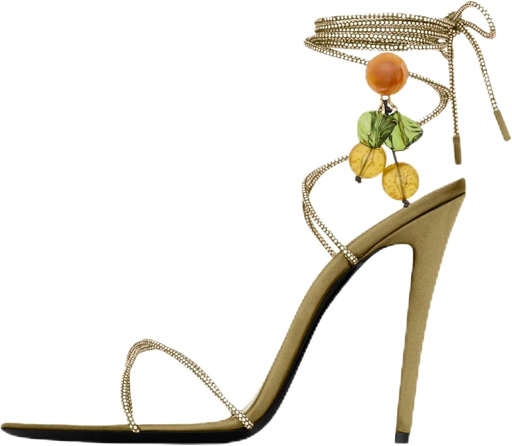 Rhinestone Lace Up High Heel Sandals for Women Satin Strappy Crisscross Open Pointed Toe Stiletto... | Amazon (US)