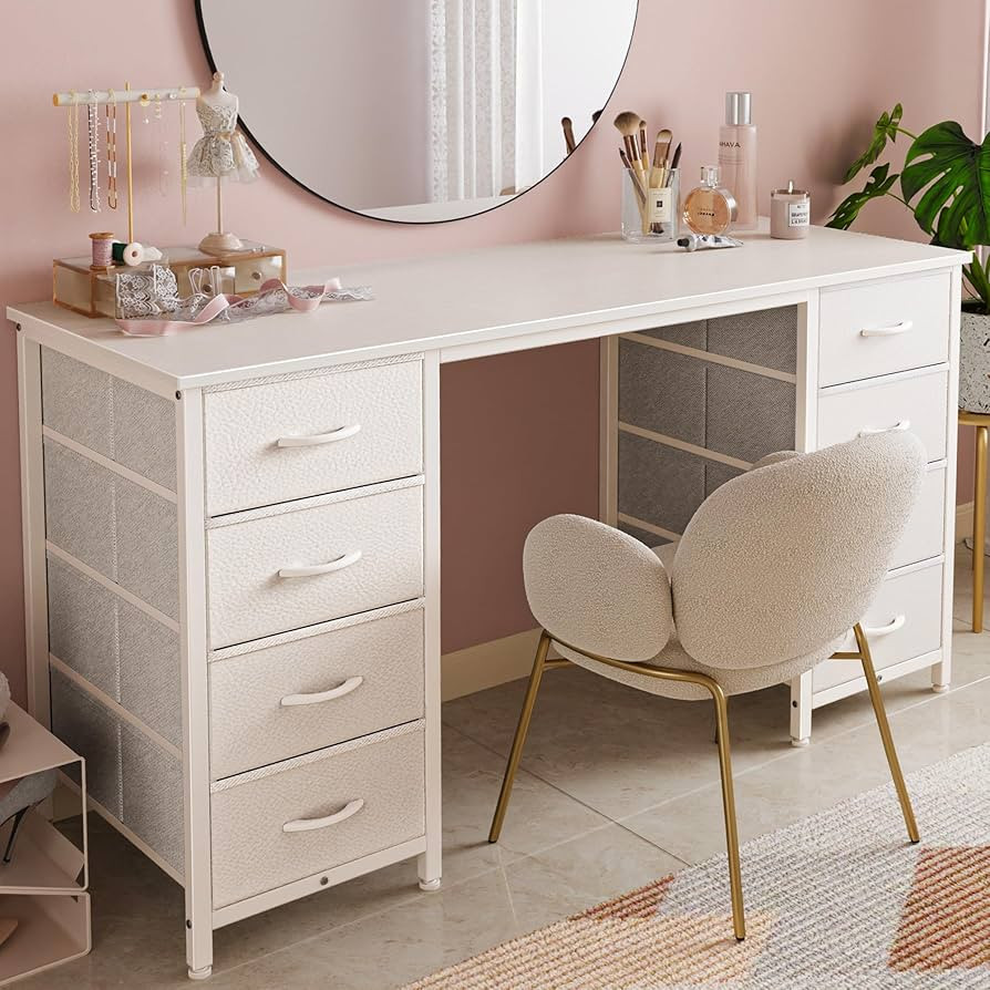 Huuger 47 Inch Vanity Desk with 8 Fabric Drawers, White Desk, Computer Desk with Large Storage, D... | Amazon (US)