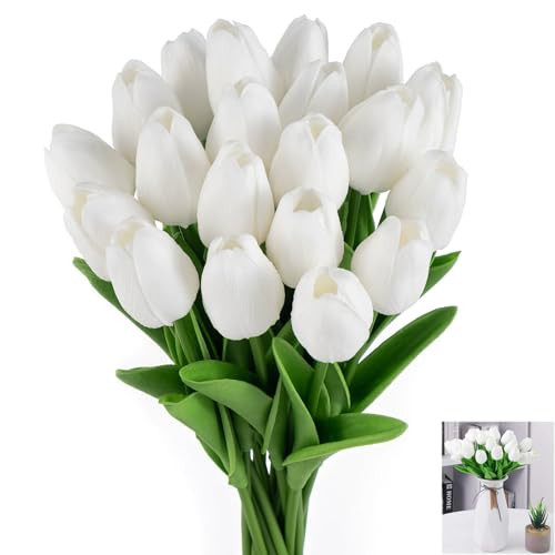 EYUDEX 20pcs White Fake Flowers Artificial Silk Flowers Real Touch Fake Tulips for Valentine’s Day and Wedding Decorations | Amazon (US)