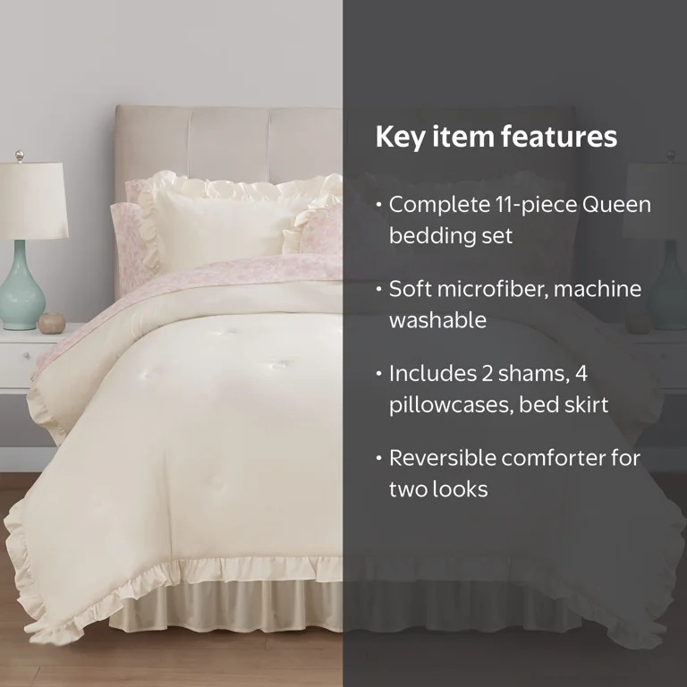 Mainstays Reversible 11-Piece Bed-in-a-Bag Comforter Set with Sheets, Cream Ruffle, Queen | Walmart (US)