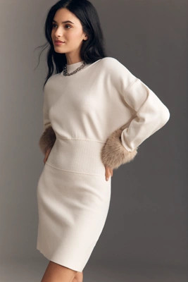 By Anthropologie Long-Sleeve Faux Fur Trim Sweater Mini Dress | Anthropologie (US)