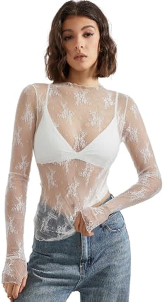 SUUKSESS Women Sexy Mesh Sheer Long Sleeve Tops Mock Neck Going Out Lace Shirts | Amazon (US)