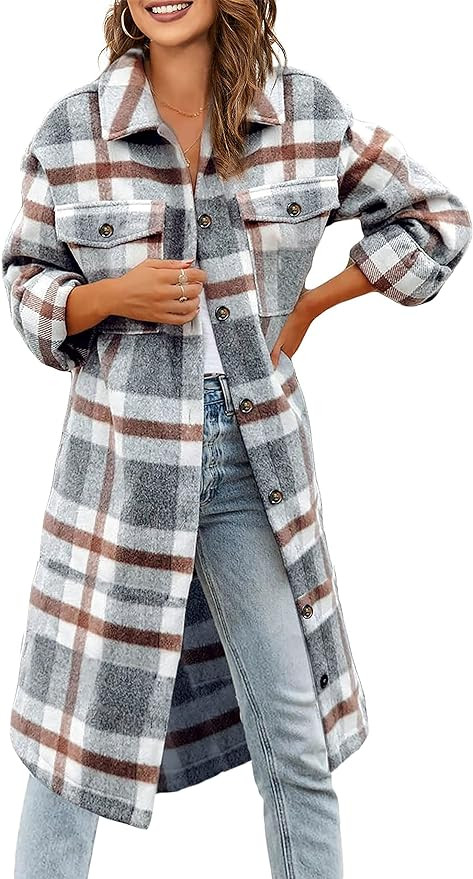 Jhsnjnr Women's Flannel Plaid Shirt Casual Lapel Button Down Long Winter Jacket Shacket | Amazon (CA)