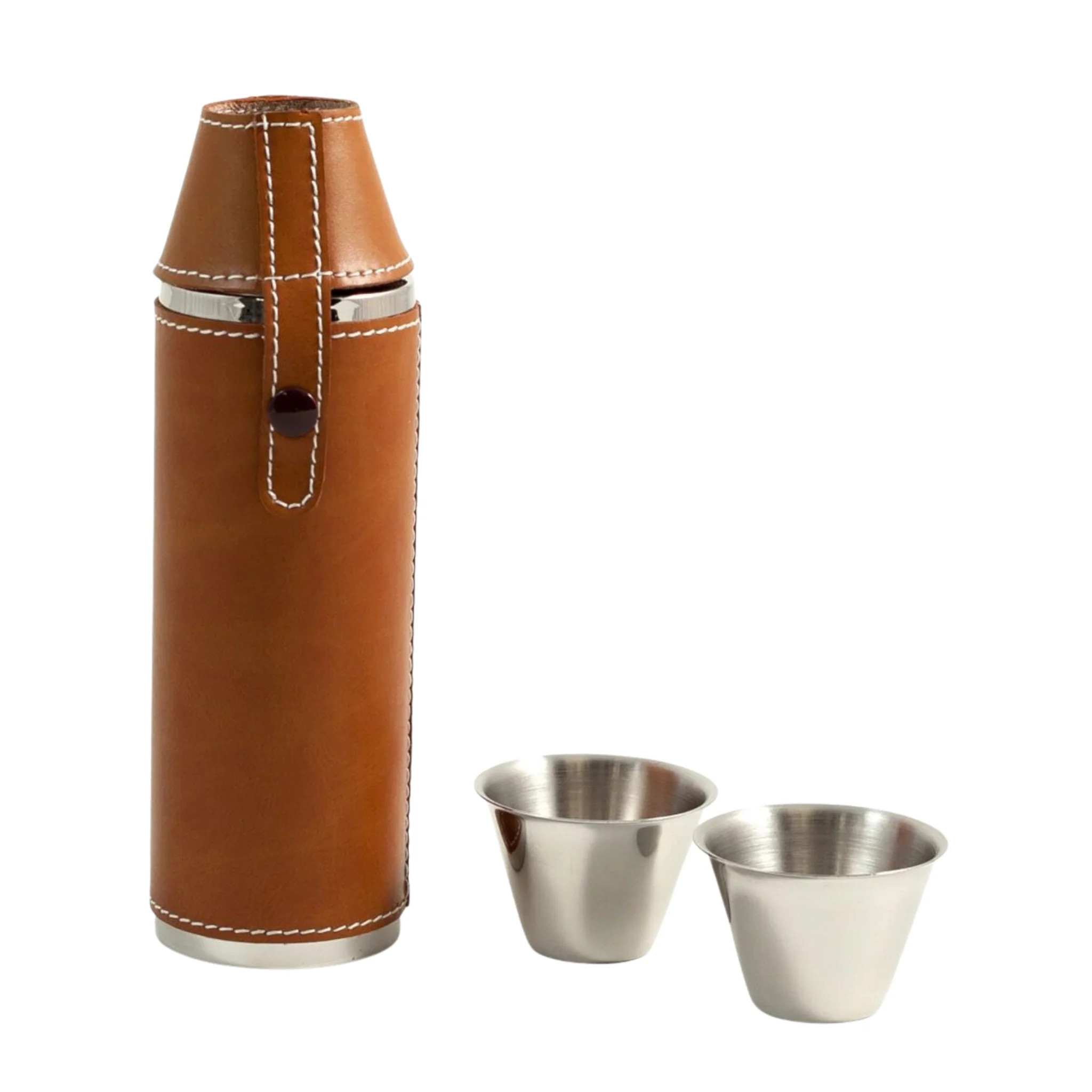 Stainless Steel & Tan Leather Cylinder Flask | The Well Appointed House, LLC