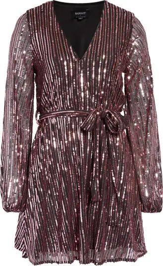 Bardot Sequin Stripe Long Sleeve Faux Wrap Minidress | Nordstrom | Nordstrom