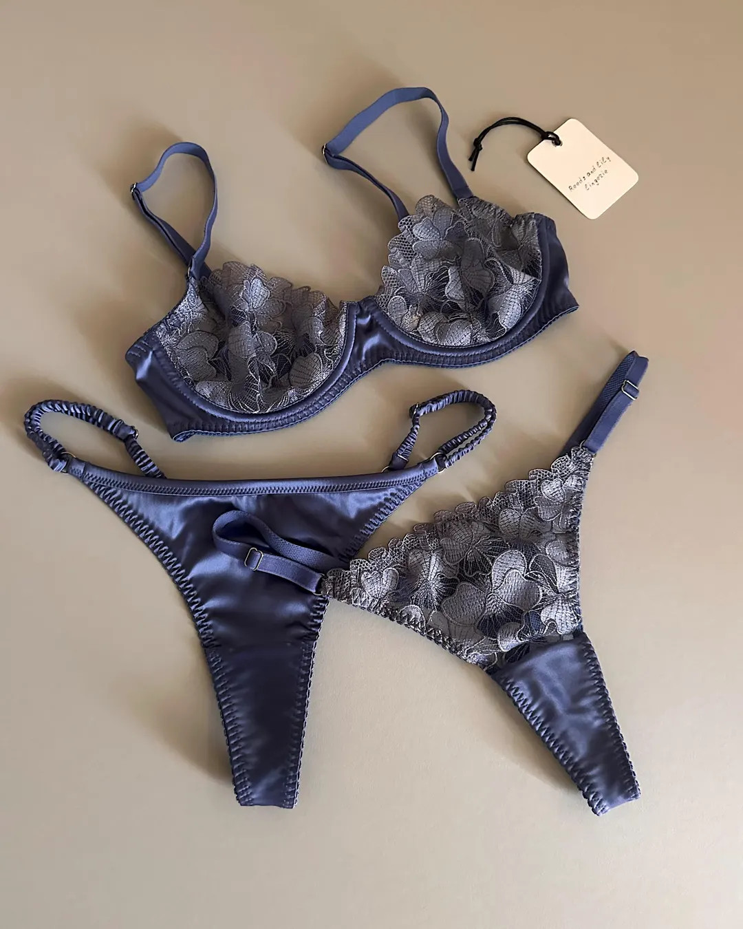 Blue Satin Lingerie: Bra and Strappy Panty Set, Boudoir Gift for Her - Etsy | Etsy (US)