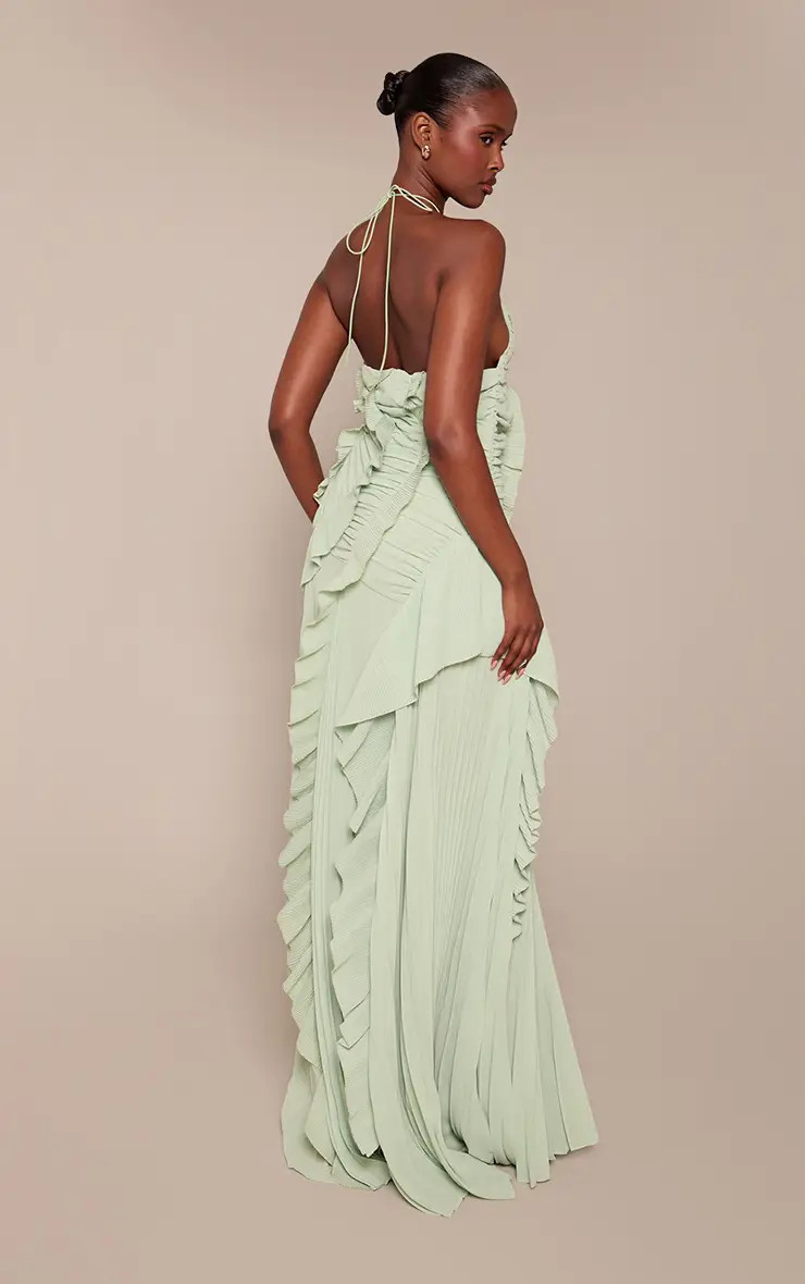 Green Pleated Frill Halterneck Maxi Dress | PrettyLittleThing USA | PrettyLittleThing US
