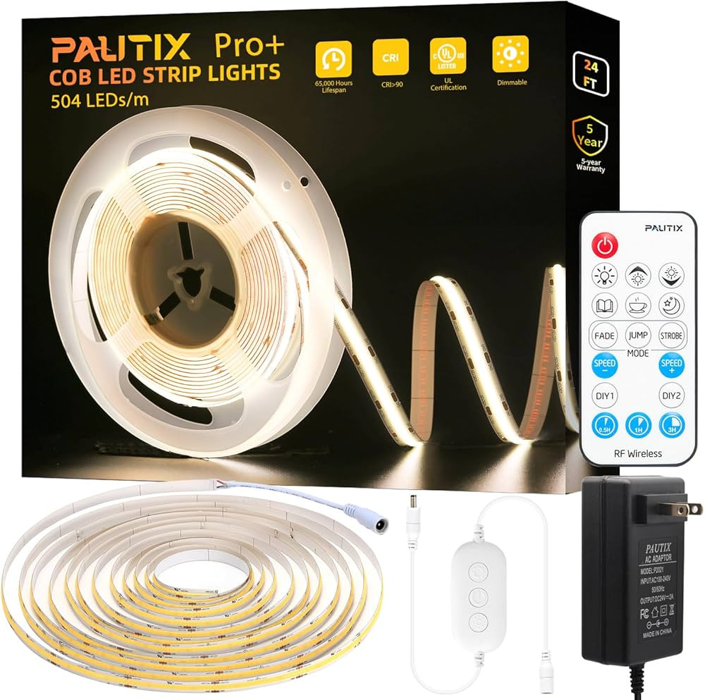 PAUTIX COB LED Strip Light 3780LEDs,Super Bright 8000Lumen 4000K Natural White 24ft,Dimmable 24V ... | Amazon (US)