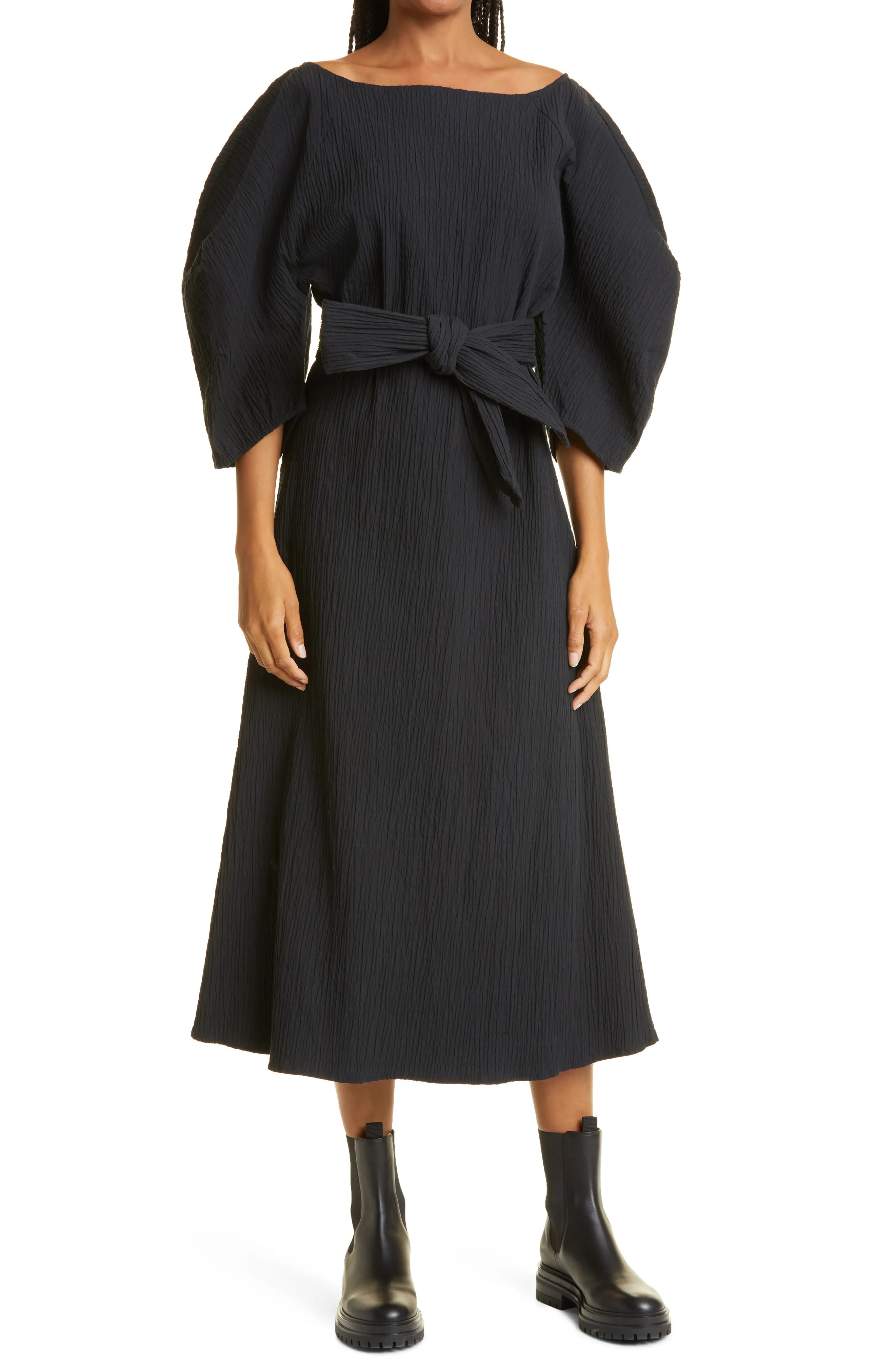 Mara Hoffman Cecilia Tie Waist Stretch Organic Cotton Midi Dress in Black at Nordstrom, Size Xx-Smal | Nordstrom