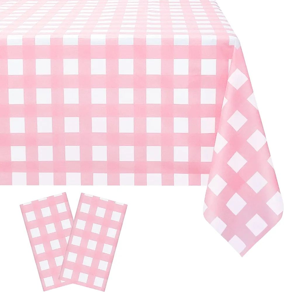 LIKAJON 2 Pcs Pink Gingham Tablecloth, Disposable Plastic Pink Checkered Tablecloth, 54 x 108 inc... | Amazon (US)