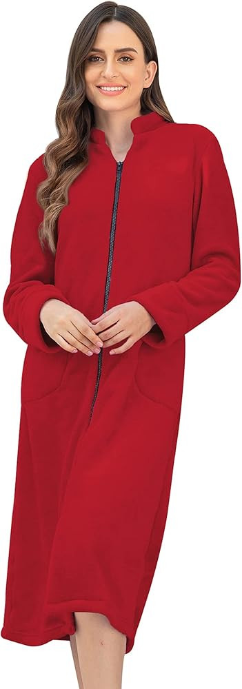 Ekouaer Bata de baño de forro polar con cremallera para mujer, bata larga con cremallera, cálid... | Amazon (US)