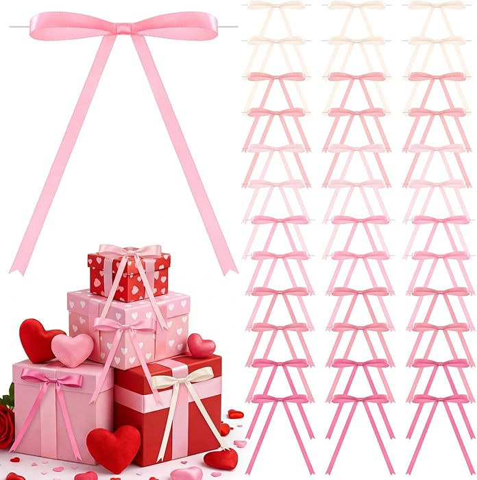 72 Pcs Valentine's Day Pink Bows for Gift Wrapping, 5 x 7 Inch Satin Ribbon Twist Tie Bows, Craft... | Amazon (US)