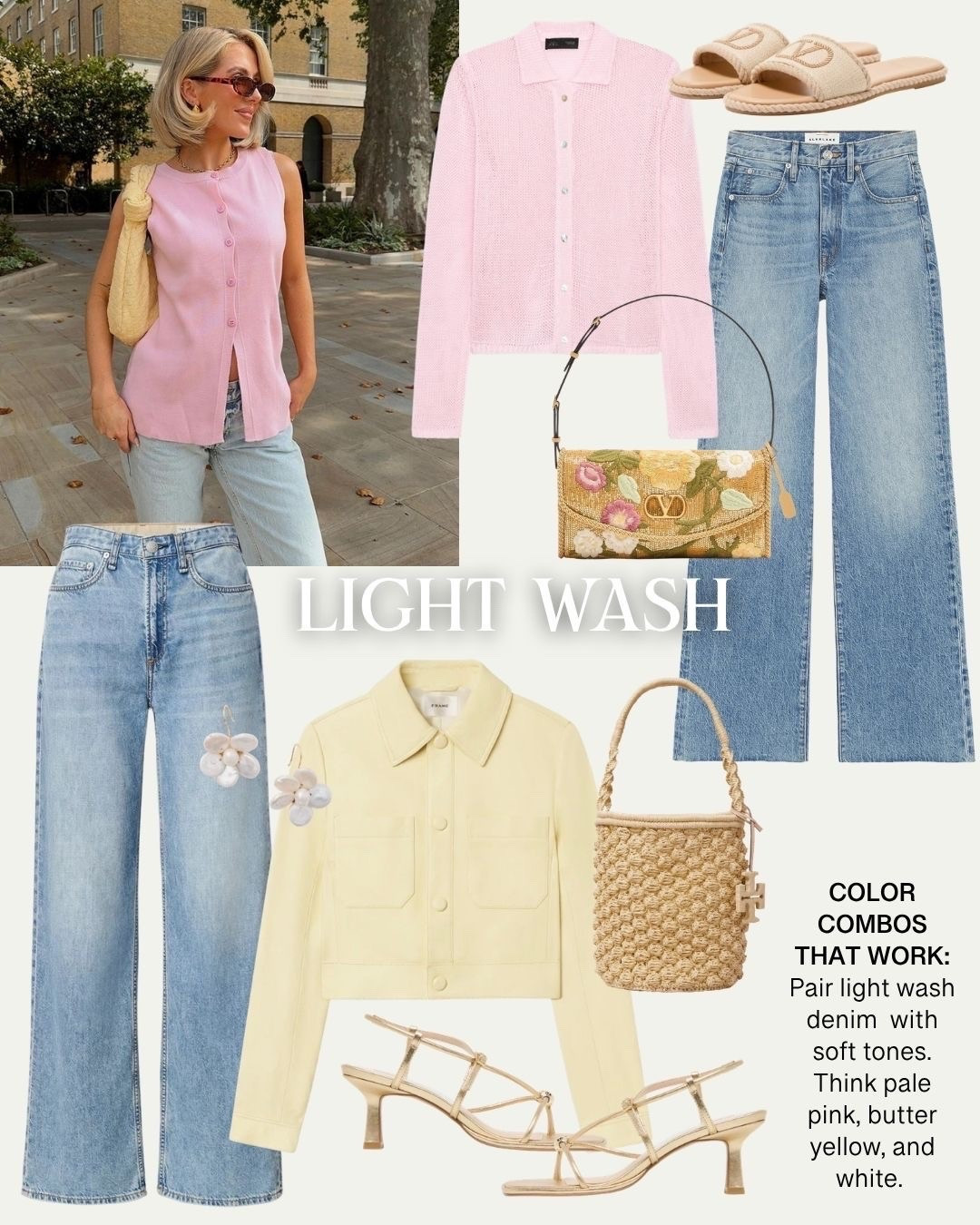 Color combos that work with light wash jeans: pair light wash denim with soft tones. Think pale pink, butter yellow, and white.

#LTKootd #LTKOver40 #LTKSeasonal