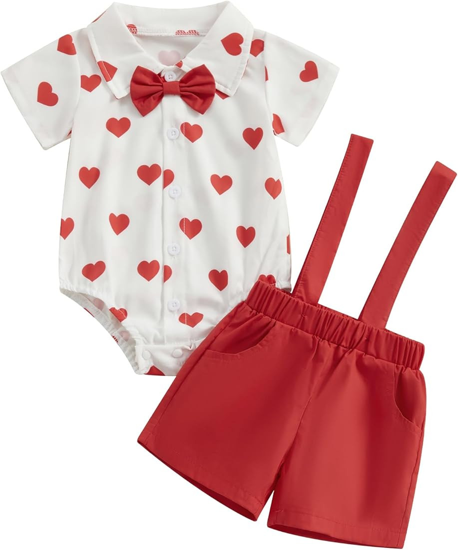 Amiblvowa Valentines Day Baby Boy Outfit Infant Gentleman Clothes Short Sleeve Heart Button Down ... | Amazon (US)