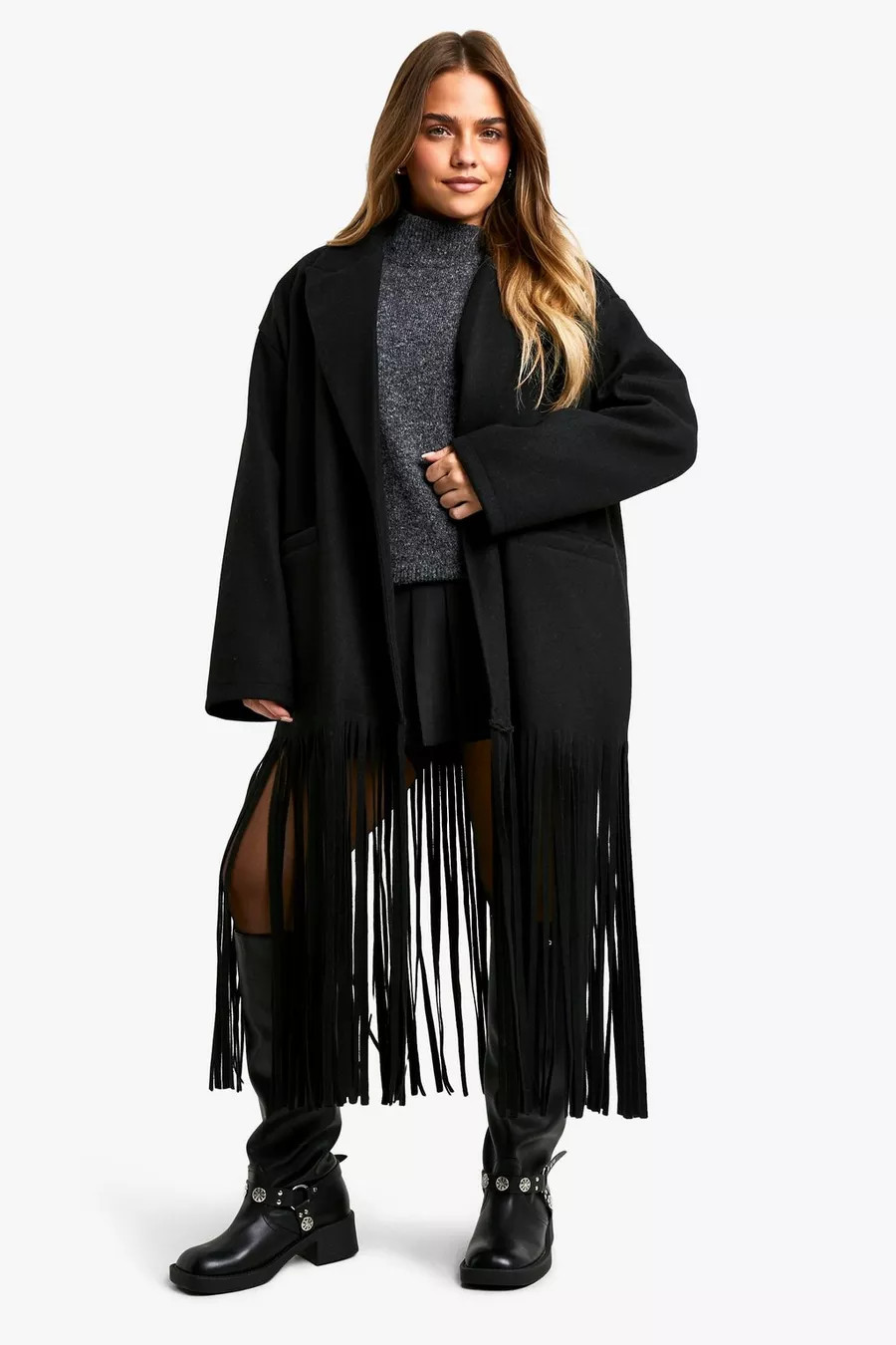 Petite Fringe Detail Wool Look Coat | boohoo (US & Canada)