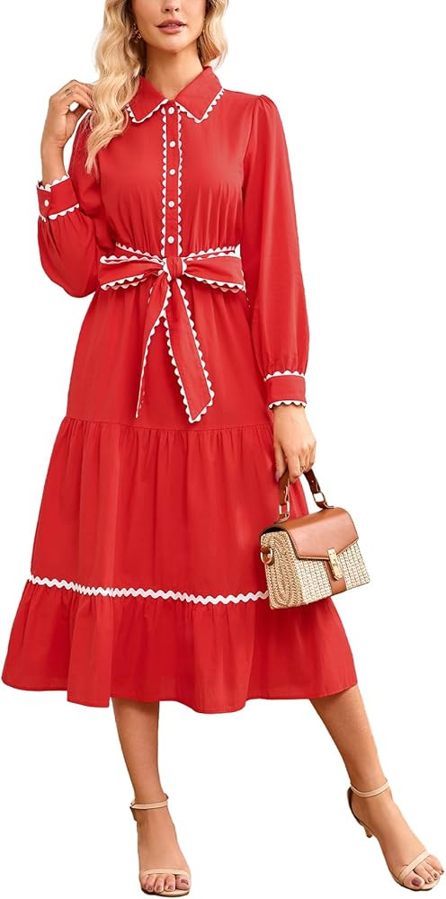 Women's Long Sleeve Midi Dress Casual V Neck Button Down RIC Rac Tiered Flowy Tie Waist Shirt Dre... | Amazon (US)