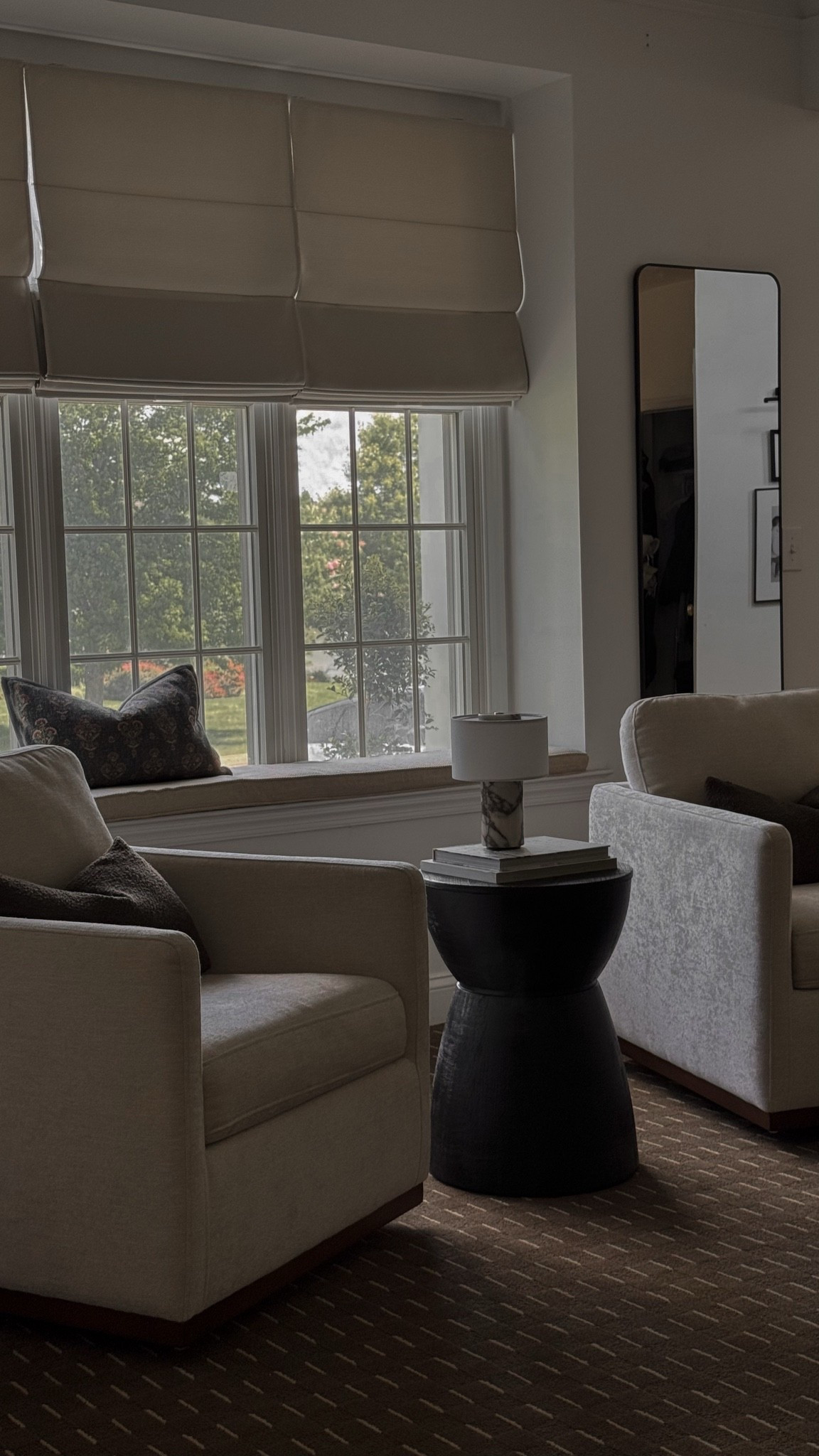 Sitting room, living room, accent chairs, swivel accent chairs, accent table, round table, portable table lamp, marble lamp, Roman shades, full length mirror, throw pillows

#LTKHome
