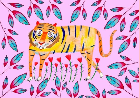Tiger and Pretty Leaves. Girls Nursery Decor  Animal Art - Etsy | Etsy (US)